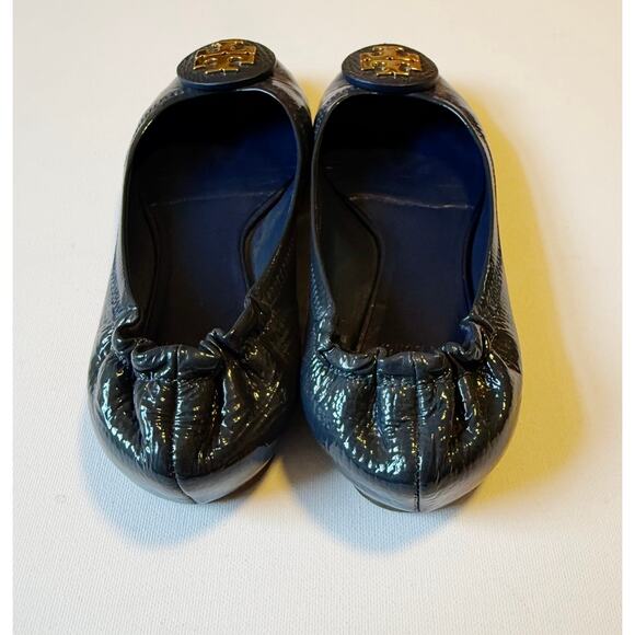 Tory Burch Reva Blue Leather Ballet Flats Gold Medallion Women's Size 7.5 - Picture 5 of 10